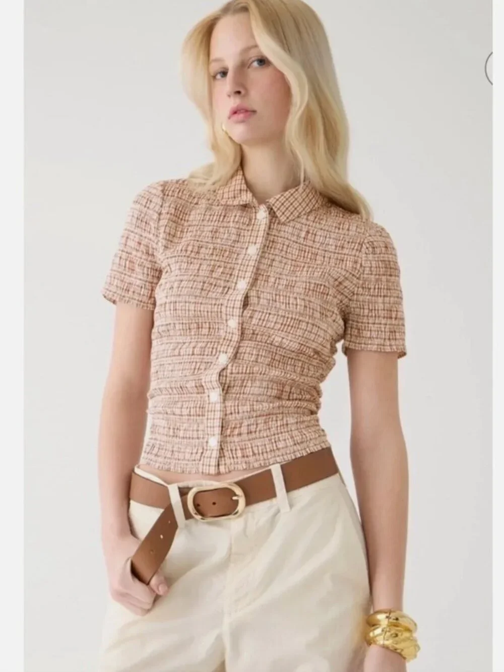 J Crew Smocked Button-Up Shirt in Gingham Cotton Voile